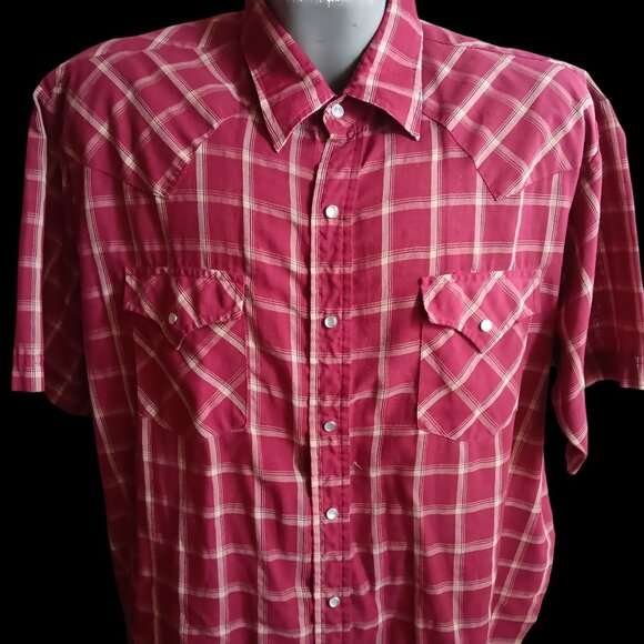 Men's XL Cowboy Shirt Western Plains Ultra thin Red Plaid Short Sleeve Snapper - Picture 1 of 4
